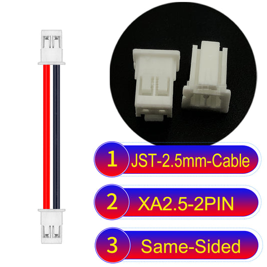 JST XA 2.5mm 2Pin Same-Side-Head cable with 22AWG copper wire and UL1007-certified PVC, suitable for home appliances, automotive electronics, etc.