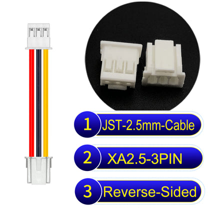 JST XA 2.5mm 3Pin Reverse-Side-Head cable with 22AWG copper wire and UL1007-certified PVC, suitable for home appliances, automotive electronics, etc.