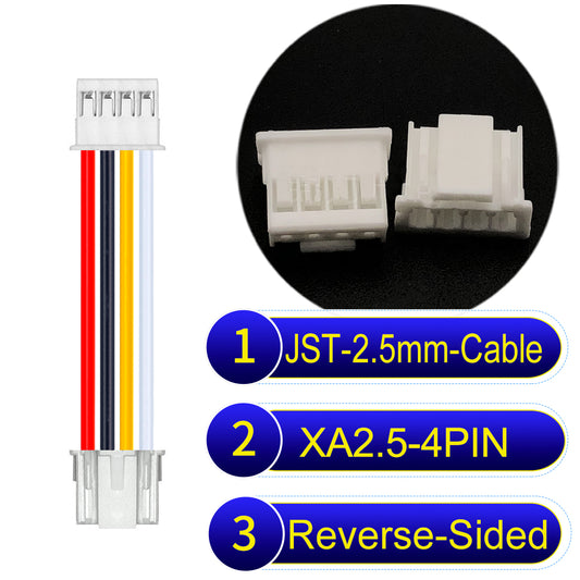JST XA 2.5mm 4Pin Reverse-Side-Head cable with 22AWG copper wire and UL1007-certified PVC, suitable for home appliances, automotive electronics, etc.