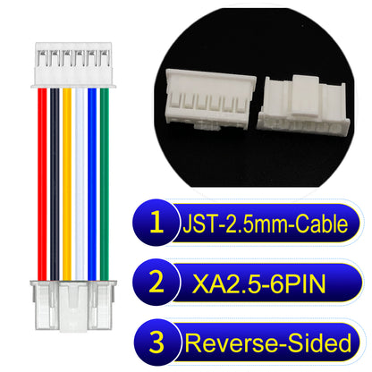 JST XA 2.5mm 6Pin Reverse-Side-Head cable with 22AWG copper wire and UL1007-certified PVC, suitable for home appliances, automotive electronics, etc.