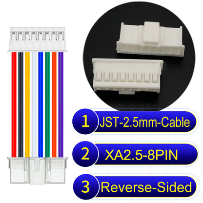 JST XA 2.5mm 8Pin Reverse-Side-Head cable with 22AWG copper wire and UL1007-certified PVC, suitable for home appliances, automotive electronics, etc.