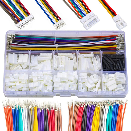Overview of JST connector kit with 22AWG pre-crimped cables for DIY electronics