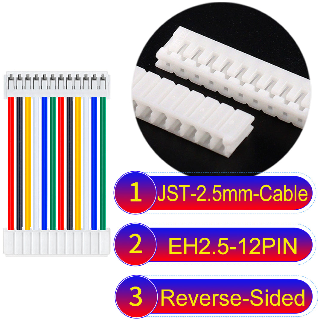 The JST 2.5mm Cable EH2.5 12Pin Reverse-Side-Head UL1007 PVC Cable offers durability and reliability for electrical connections.