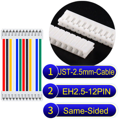 JST 2.5mm Cable EH2.5 12-Pin  Same-Side-Head UL1007 PVC Cable with 22AWG wire gauge.