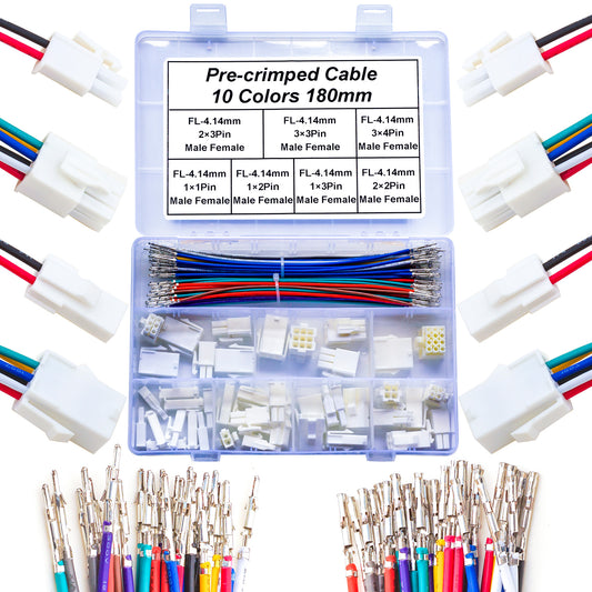Full view of JST FL 4.14mm male and female connector kit with 20AWG cables for DIY electronics