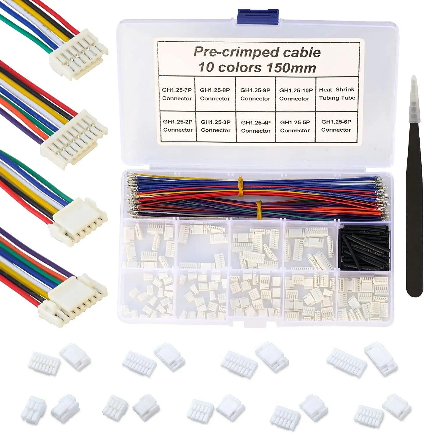 Close-up of JST GH 1.25mm male and female connectors with pre-crimped wires