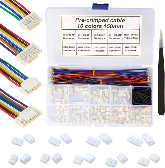 Close-up of JST GH 1.25mm male and female connectors with pre-crimped wires