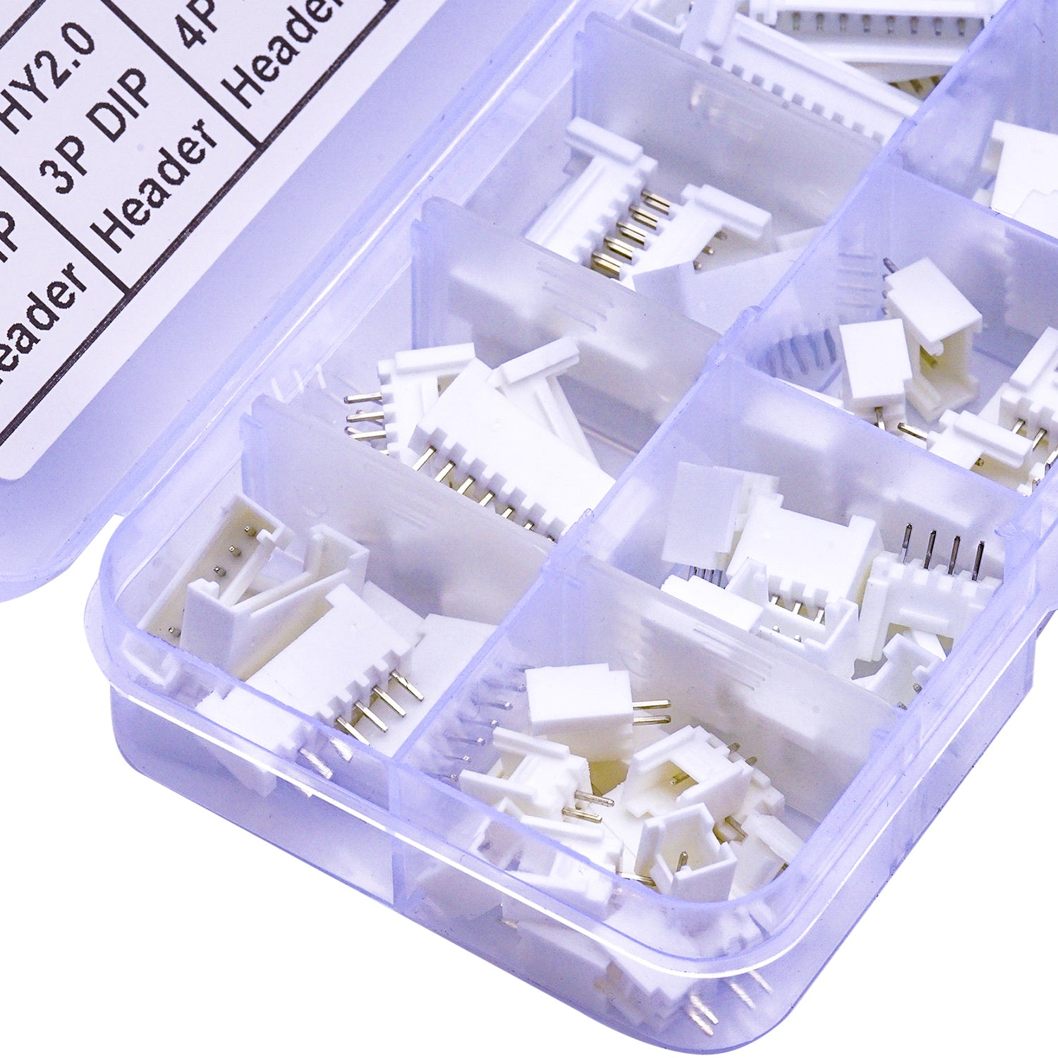 Complete view of JST HY2.0 DIP connector kit including header, IC socket, and plugs