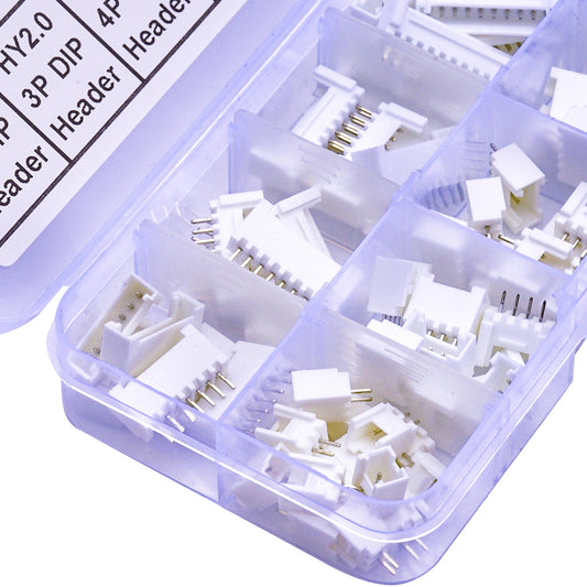 Complete view of JST HY2.0 DIP connector kit including header, IC socket, and plugs