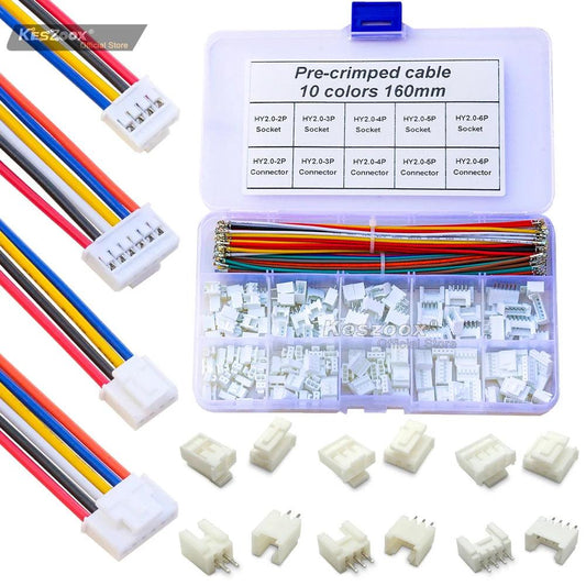 Overview of JST HY 2.0mm pitch connector kit with belt lock housing and 22AWG pre-crimped PVC cables