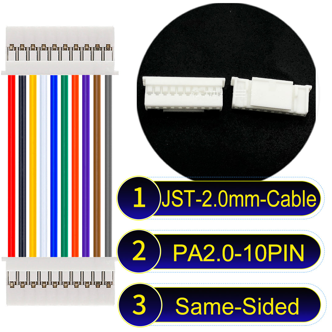 High-quality JST PA2.0 10Pin Same-Side-Head cable with 22AWG PVC, compatible with various devices.
