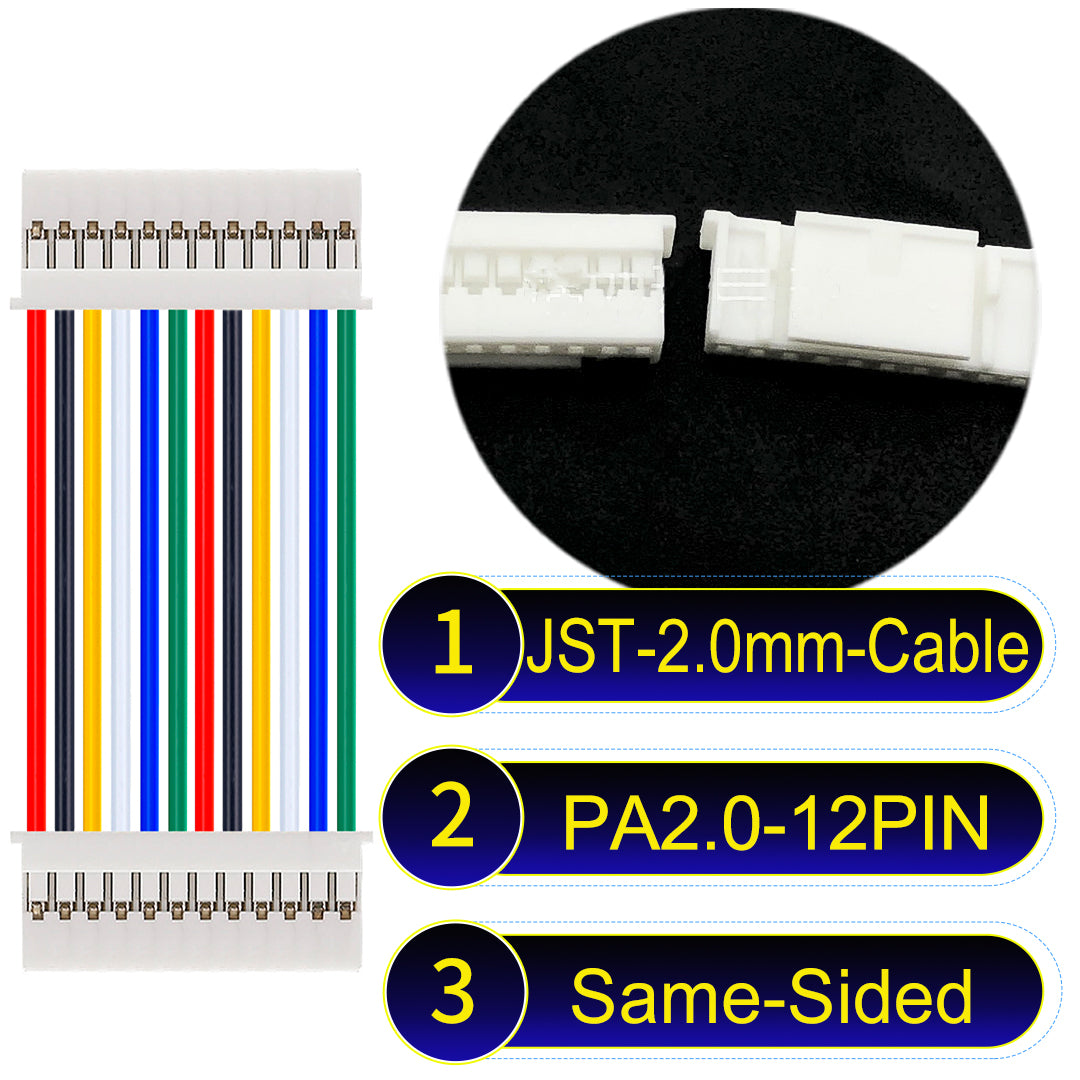 High-quality JST PA2.0 12Pin Same-Side-Head cable with 22AWG PVC, compatible with various devices.
