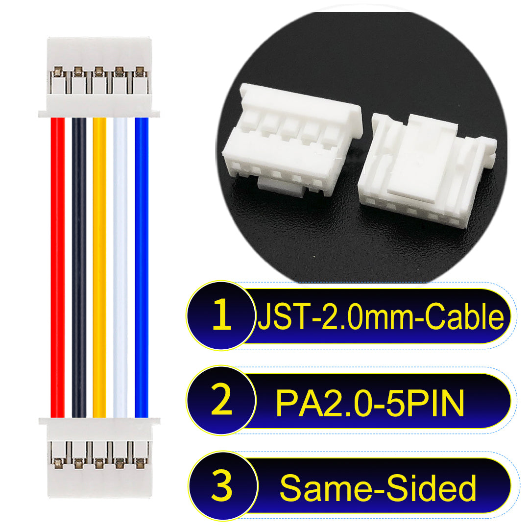 High-quality JST PA2.0 5Pin Same-Side-Head cable with 22AWG PVC, compatible with various devices.