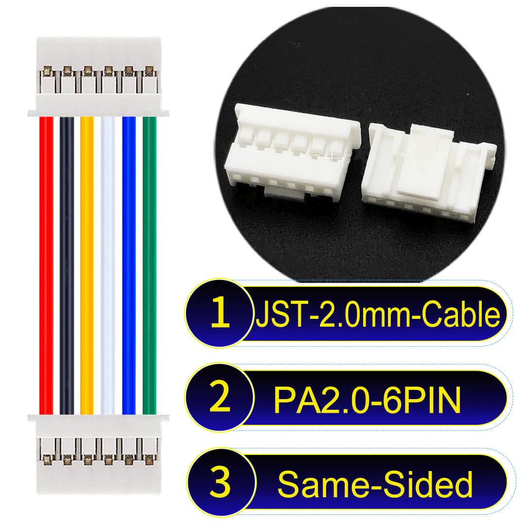 High-quality JST PA2.0 6Pin Same-Side-Head cable with 22AWG PVC, compatible with various devices.