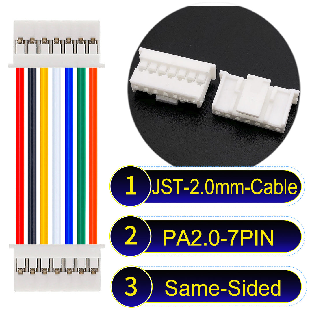 High-quality JST PA2.0 7Pin Same-Side-Head cable with 22AWG PVC, compatible with various devices.