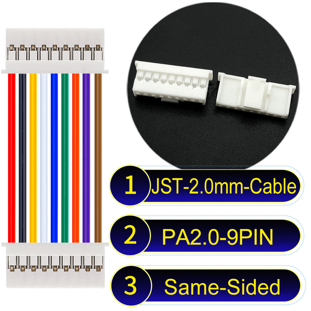 High-quality JST PA2.0 9Pin Same-Side-Head cable with 22AWG PVC, compatible with various devices.