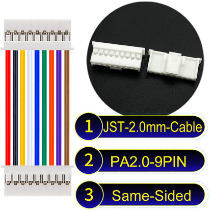 High-quality JST PA2.0 9Pin Same-Side-Head cable with 22AWG PVC, compatible with various devices.