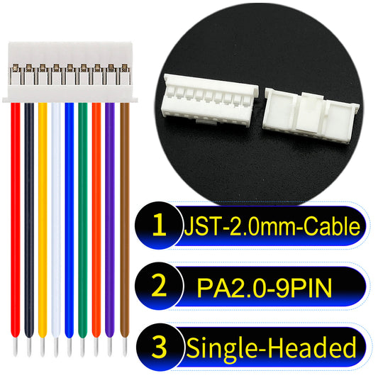 JST PA2.0 9Pin Single-Headed cable, 22AWG UL1007 PVC material, perfect for LED lighting, appliances, and industrial devices.