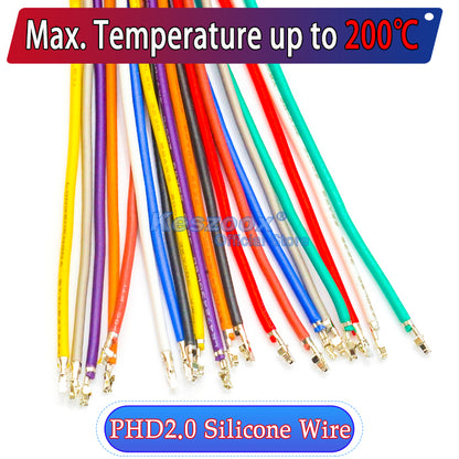 JST PHD 2.0mm pre-crimped terminal silicone cable, 22AWG UL3239 soft wire, heat-resistant, 200℃, 3KV, 3A