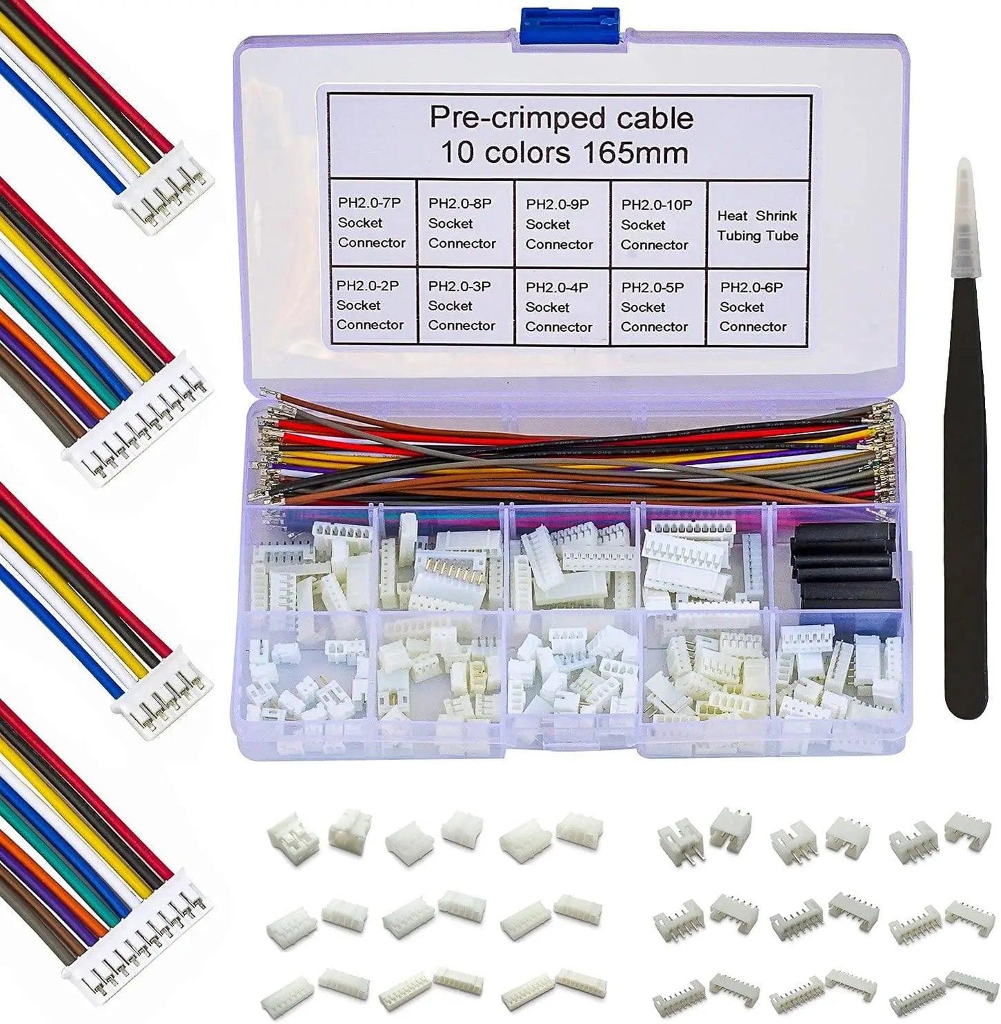Close-up of JST PH 2.0mm male and female connectors with pre-crimped wires