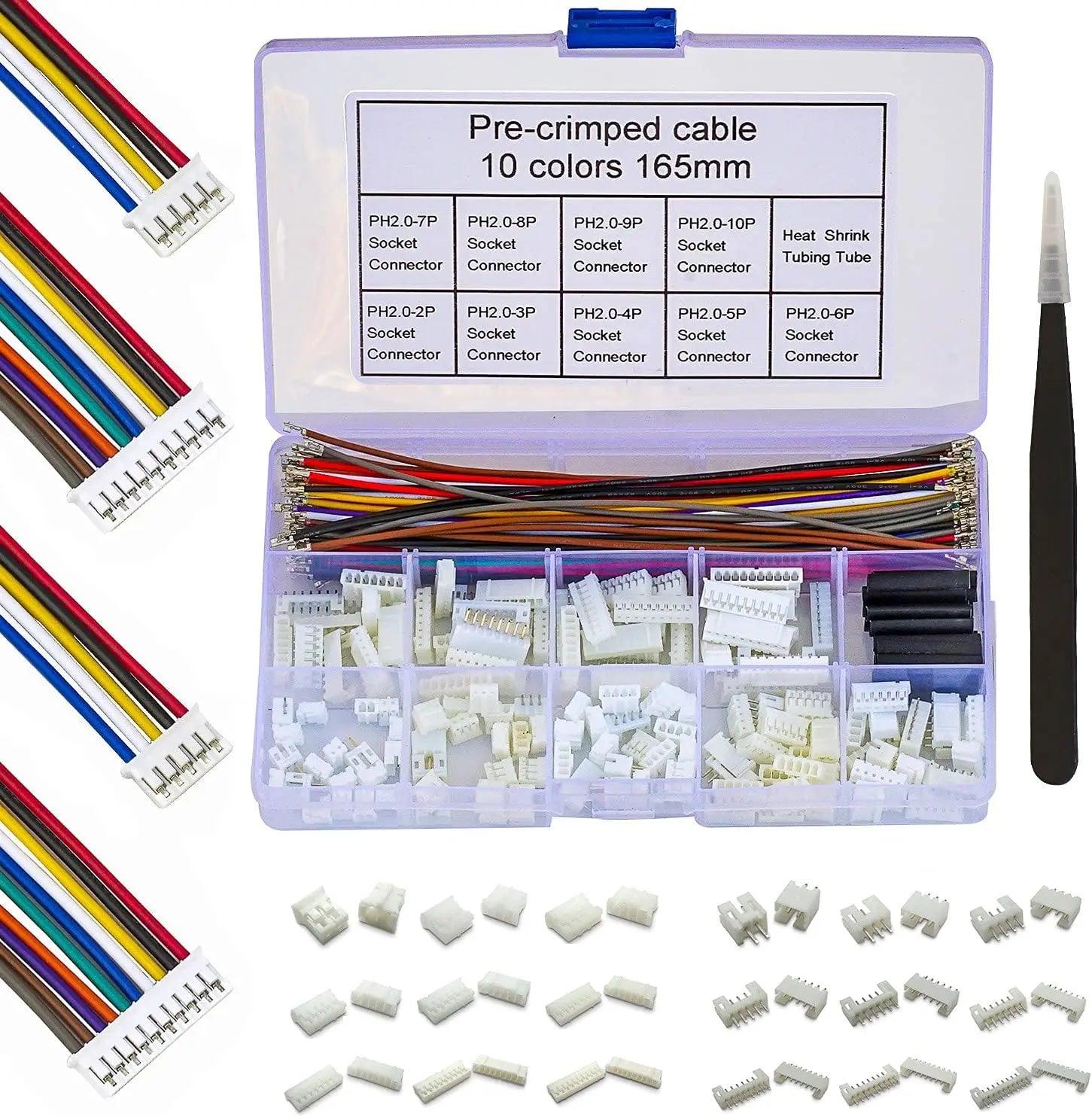 Close-up of JST PH 2.0mm male and female connectors with pre-crimped wires
