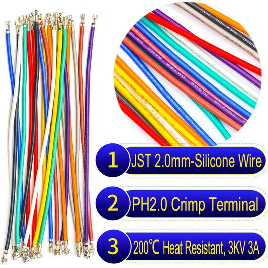 JST PH 2.0mm female pre-crimped terminal silicone cable, 22AWG UL3239 soft wire, heat-resistant up to 200℃, 3KV, 3A, ideal for high-temperature, flexible, and durable electrical connections.