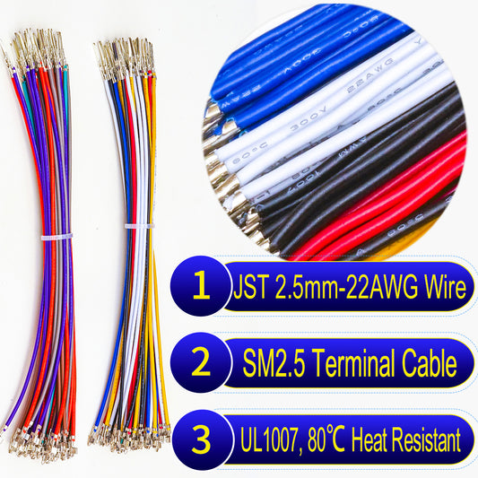 JST SM 2.5mm Pre-Crimped Terminal Cable (Without Connector), 22AWG UL1007 PVC