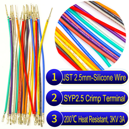 JST SYP 2.5mm pre-crimped terminal silicone cable, 22AWG UL3239 soft wire, heat-resistant, 200℃, 3KV, 3A