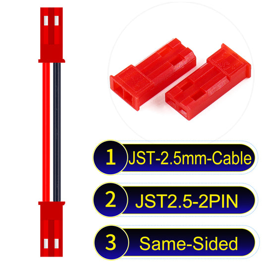JST SYP 2.54mm 2Pin Male Same-Side-Head cable with UL1007-certified 22AWG copper wire, suitable for a range of electronic devices.