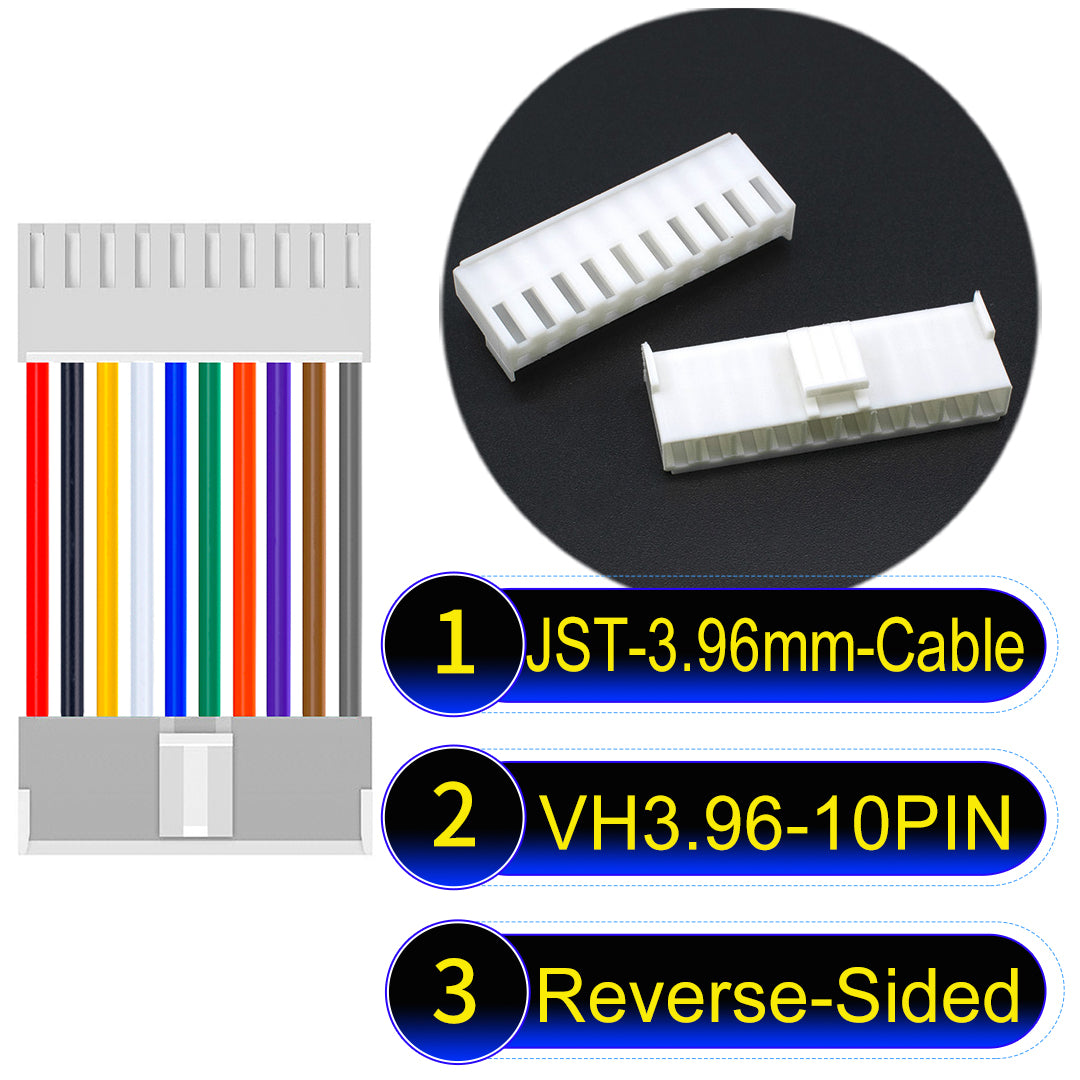 JST VH 10Pin Reverse-Side-Head cable, 3.96mm pitch, 18AWG copper wire, UL1007 certified, ideal for home appliances, automotive, and LED lighting connections.