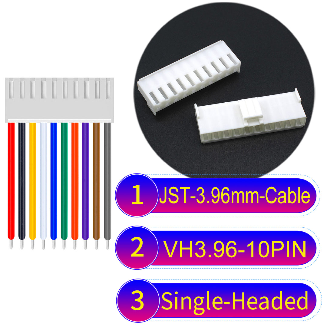 JST VH 3.96mm 10Pin single-headed cable with 18AWG copper wire and UL1007-certified PVC, suitable for various electrical systems.