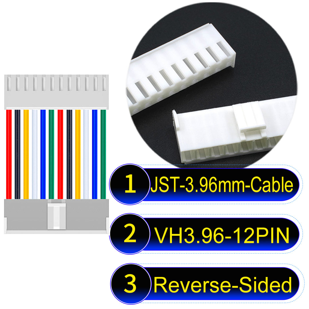 JST VH 12Pin Reverse-Side-Head cable, 3.96mm pitch, 18AWG copper wire, UL1007 certified, ideal for home appliances, automotive, and LED lighting connections.