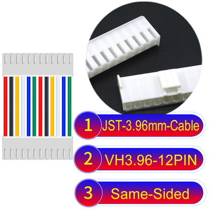 JST VH 3.96mm 12Pin Same-Side-Head cable with 18AWG copper wire and UL1007-certified PVC, suitable for various electrical systems.