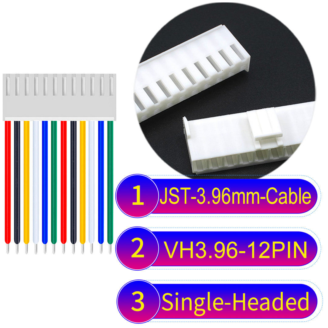 JST VH 3.96mm 12Pin single-headed cable with 18AWG copper wire and UL1007-certified PVC, suitable for various electrical systems.