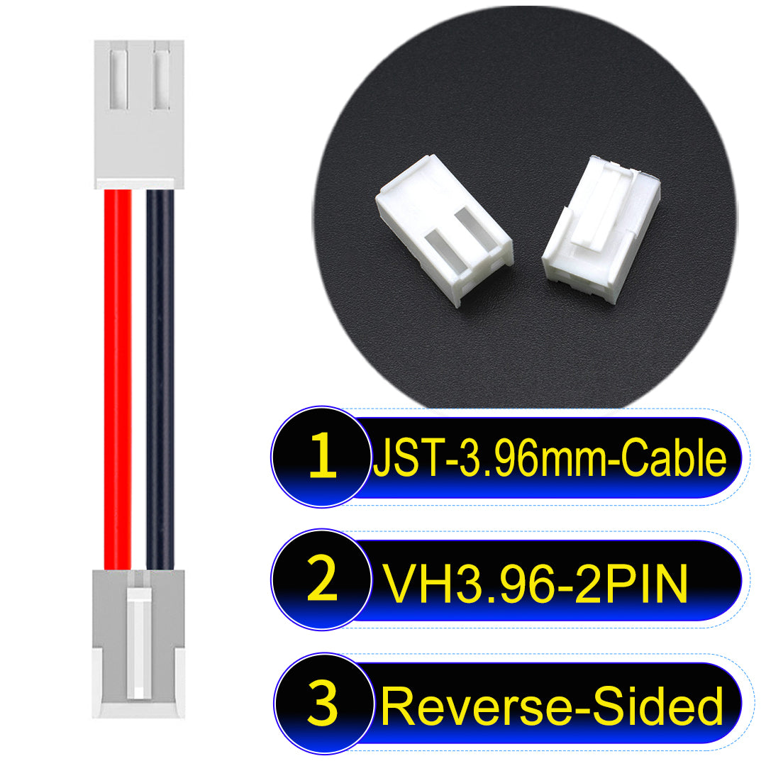 JST VH 2Pin Reverse-Side-Head cable, 3.96mm pitch, 18AWG copper wire, UL1007 certified, ideal for home appliances, automotive, and LED lighting connections.