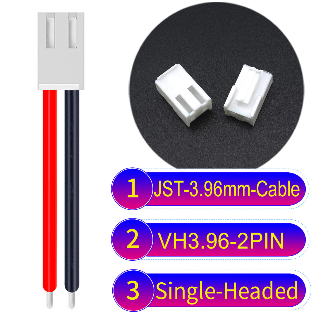 JST VH 3.96mm 2Pin single-headed cable with 18AWG copper wire and UL1007-certified PVC, suitable for various electrical systems.