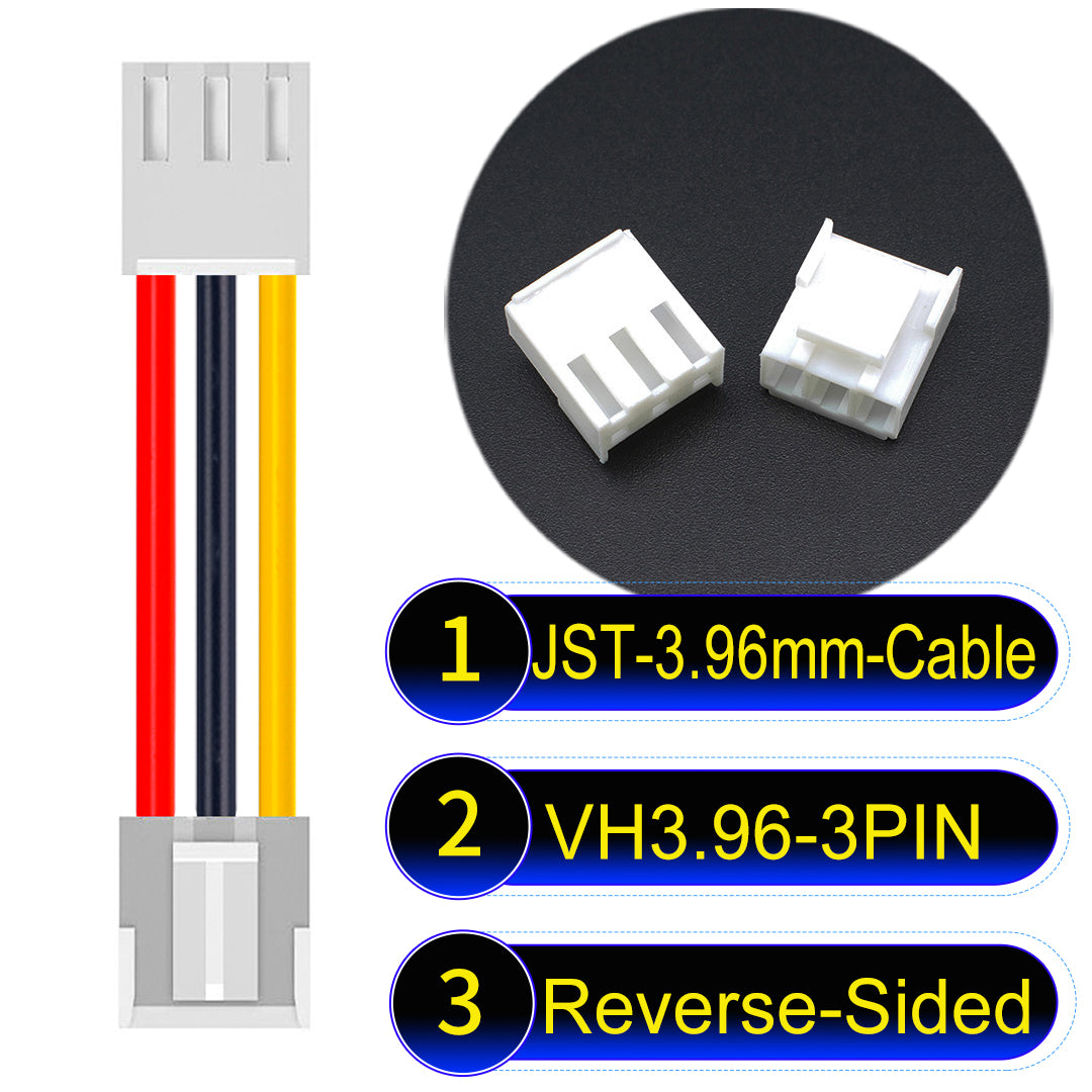JST VH 3Pin Reverse-Side-Head cable, 3.96mm pitch, 18AWG copper wire, UL1007 certified, ideal for home appliances, automotive, and LED lighting connections.