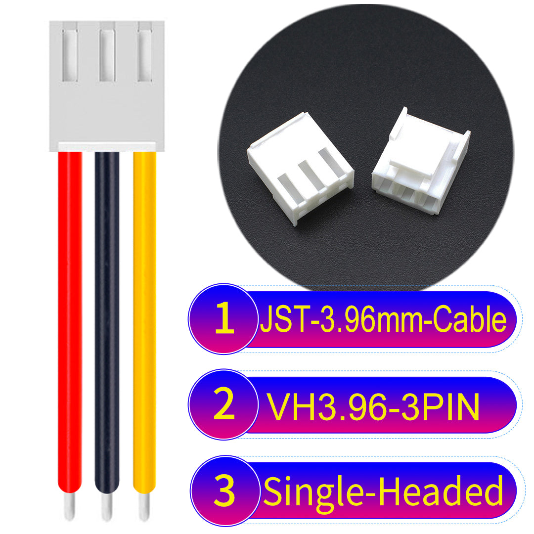 JST VH 3.96mm 3Pin single-headed cable with 18AWG copper wire and UL1007-certified PVC, suitable for various electrical systems.