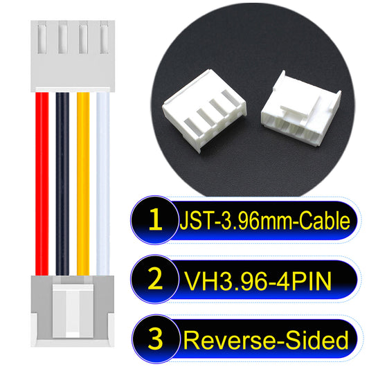 JST VH 4Pin Reverse-Side-Head cable, 3.96mm pitch, 18AWG copper wire, UL1007 certified, ideal for home appliances, automotive, and LED lighting connections.