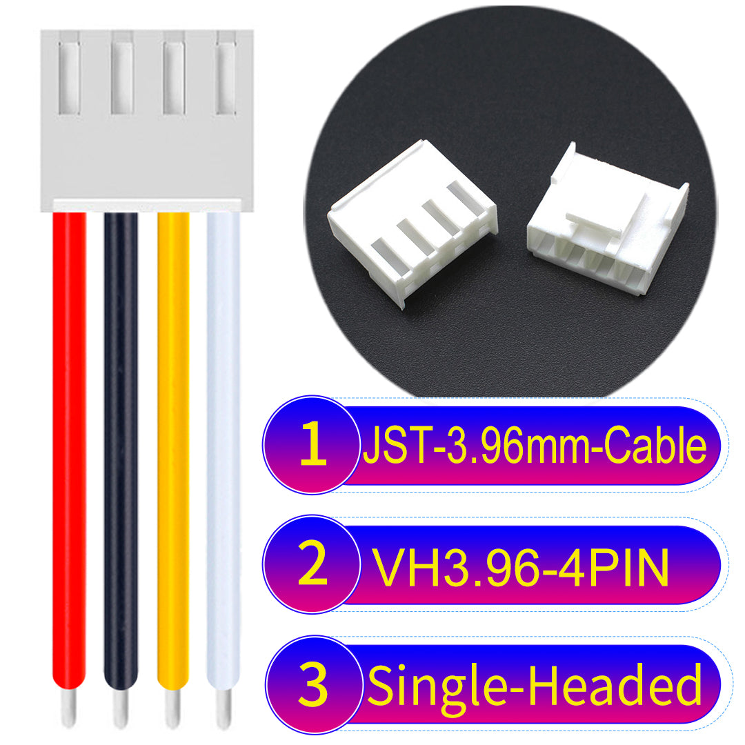 JST VH 3.96mm 4Pin single-headed cable with 18AWG copper wire and UL1007-certified PVC, suitable for various electrical systems.