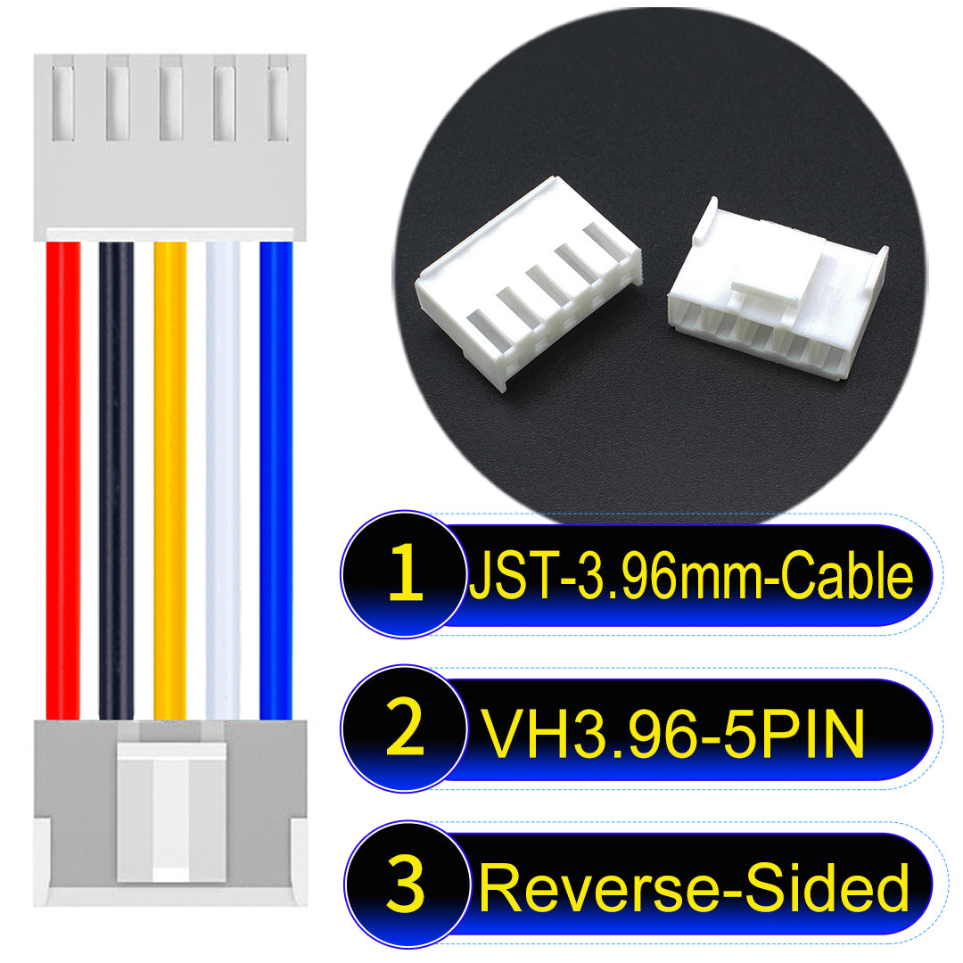JST VH 5Pin Reverse-Side-Head cable, 3.96mm pitch, 18AWG copper wire, UL1007 certified, ideal for home appliances, automotive, and LED lighting connections.
