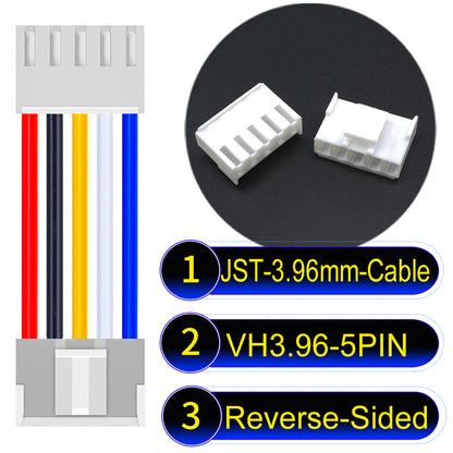 JST VH 5Pin Reverse-Side-Head cable, 3.96mm pitch, 18AWG copper wire, UL1007 certified, ideal for home appliances, automotive, and LED lighting connections.
