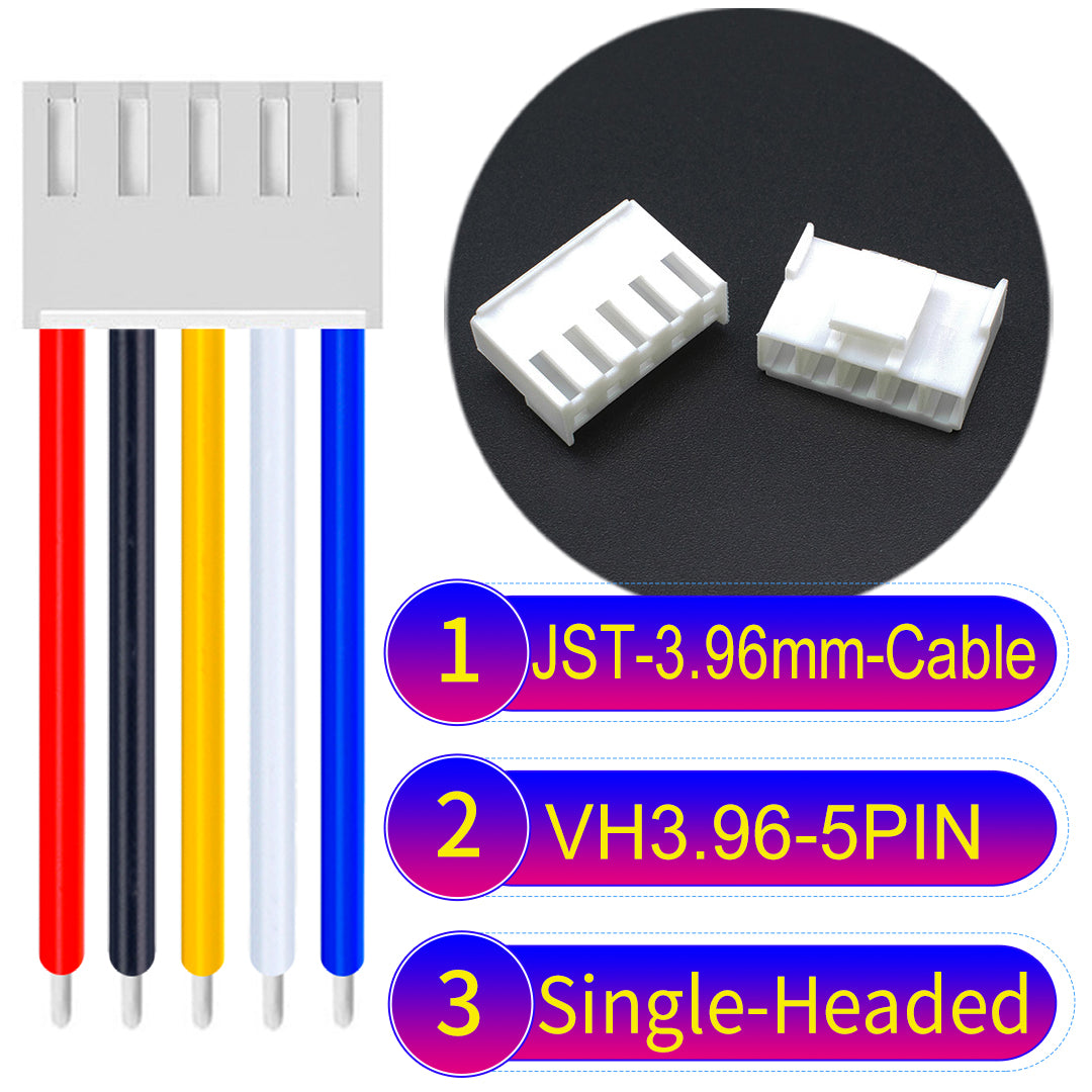 JST VH 3.96mm 5Pin single-headed cable with 18AWG copper wire and UL1007-certified PVC, suitable for various electrical systems.