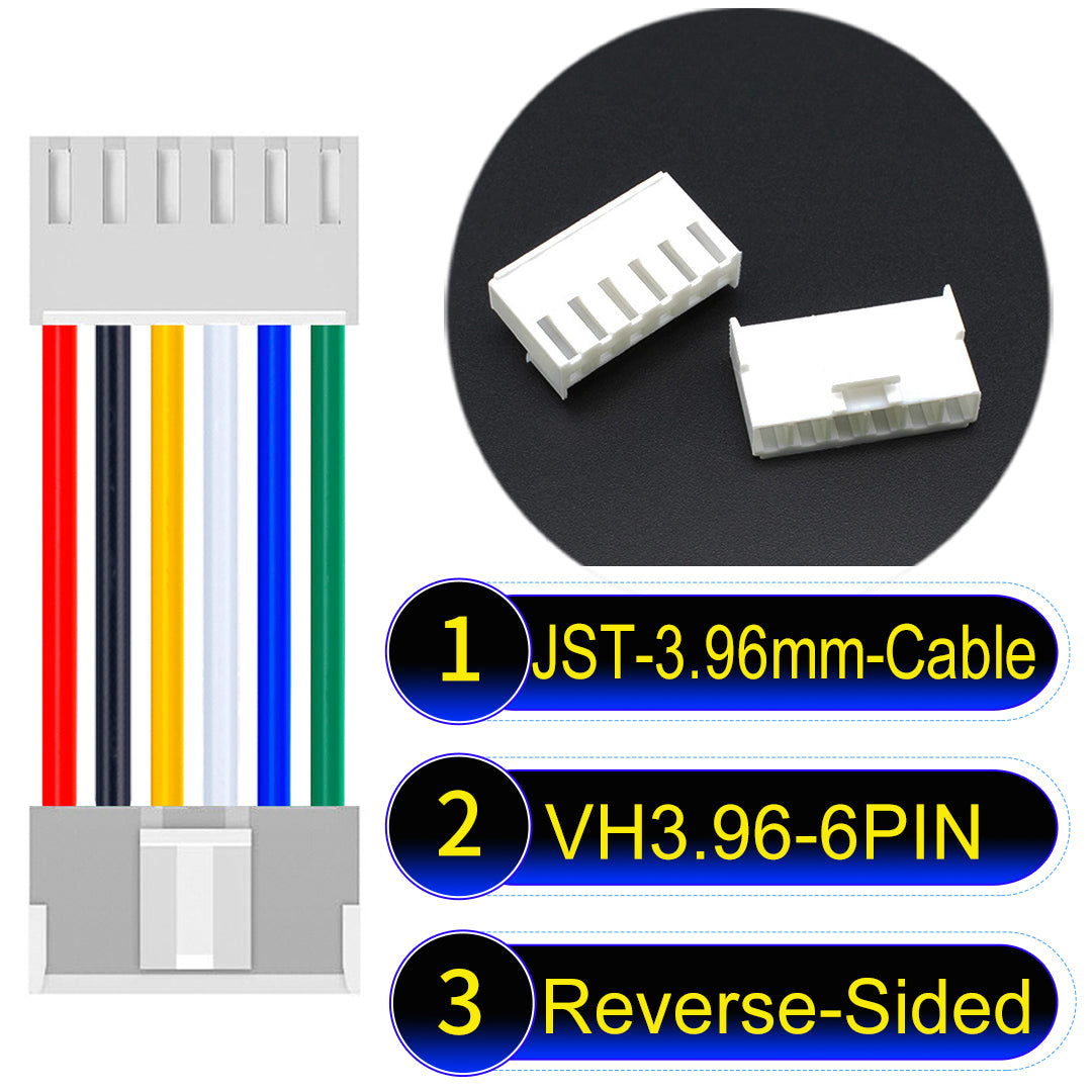 JST VH 6Pin Reverse-Side-Head cable, 3.96mm pitch, 18AWG copper wire, UL1007 certified, ideal for home appliances, automotive, and LED lighting connections.