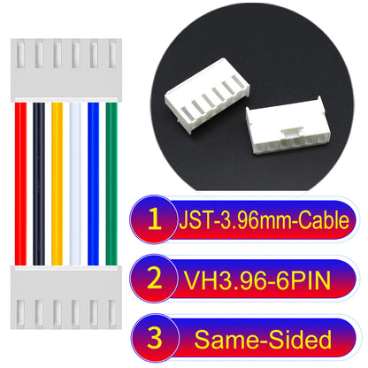 JST VH 3.96mm 6Pin Same-Side-Head cable with 18AWG copper wire and UL1007-certified PVC, suitable for various electrical systems.