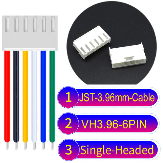 JST VH 3.96mm 6Pin single-headed cable with 18AWG copper wire and UL1007-certified PVC, suitable for various electrical systems.