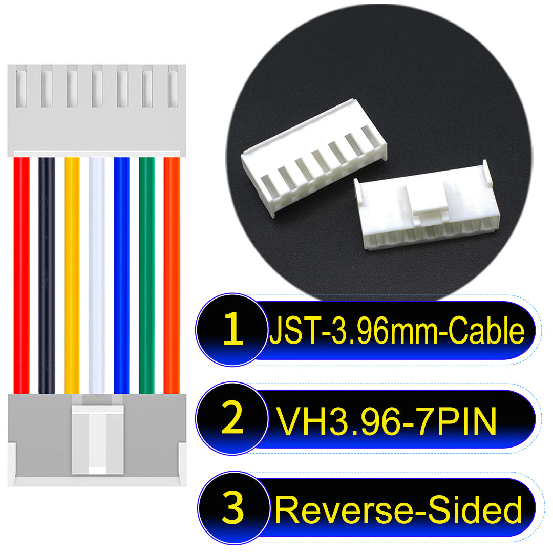 JST VH 7Pin Reverse-Side-Head cable, 3.96mm pitch, 18AWG copper wire, UL1007 certified, ideal for home appliances, automotive, and LED lighting connections.