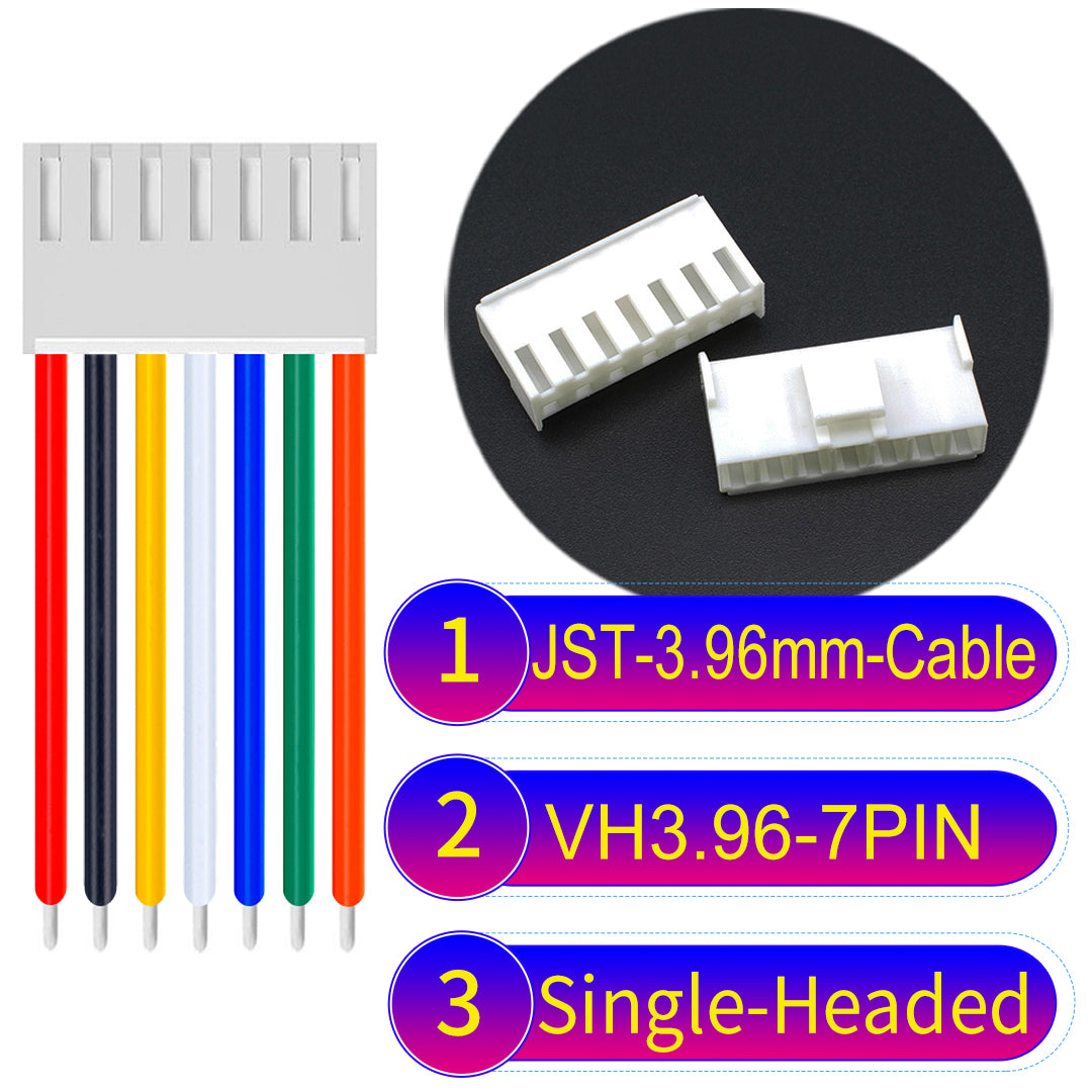 JST VH 3.96mm 7Pin single-headed cable with 18AWG copper wire and UL1007-certified PVC, suitable for various electrical systems.
