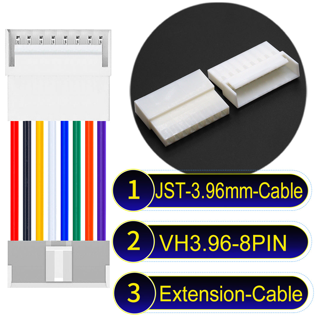 JST VH 8Pin Male Female Extension cable, 3.96mm pitch, 18AWG copper wire, UL1007 certified, ideal for home appliances, automotive, and LED lighting connections.