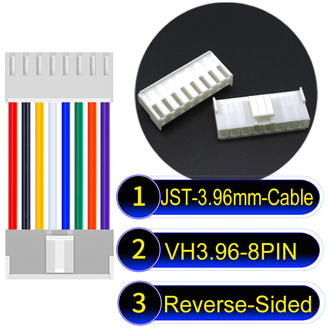 JST VH 8Pin Reverse-Side-Head cable, 3.96mm pitch, 18AWG copper wire, UL1007 certified, ideal for home appliances, automotive, and LED lighting connections.